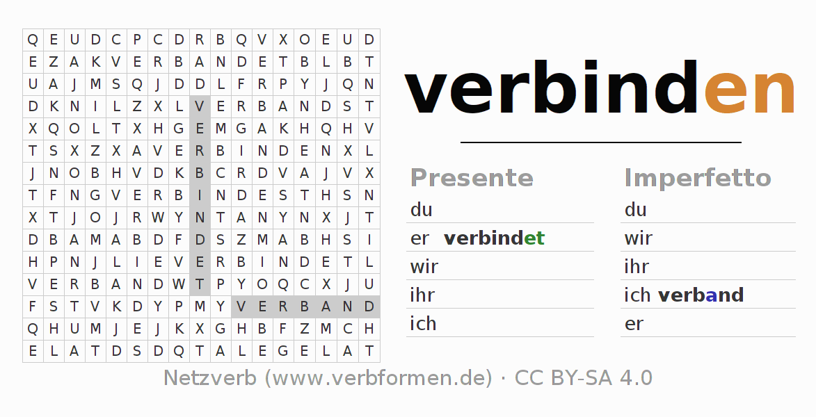Cruciverba per la coniugazione del verbo tedesco verbinden